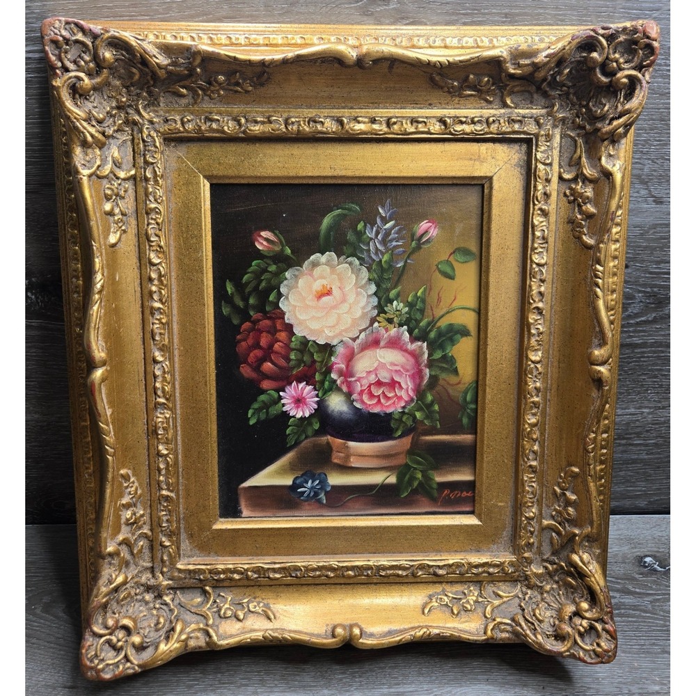 Vintage Floral Still Life Oil Painting Signed P. Noel Gold Ornate Frame Decor